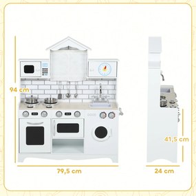 Cozinha de Madeira com Som Cozinha de Brincar com Acessórios em Aço Inoxidável Máquina de Lavar Micro-Ondas, Lava-Loiça 79,5x24x94 cm Branco