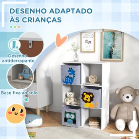 Estante para Brinquedos com 6 Compartimentos e 3 Caixas de Tecido não Tecido e Desenho de Animais 62x30x92cm Branco e Cinza