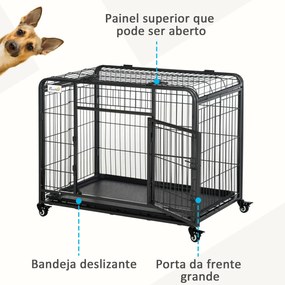 Gaiola de metal dobrável para cães com rodas e freios Bandeja removível e porta com travas 109,5x71x78 cm Cinza escuro