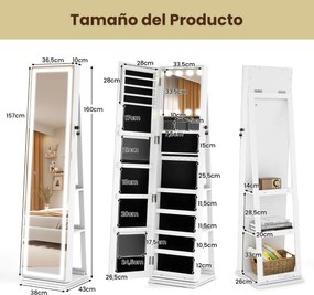 Armário giratório para joias 360°com espelho de corpo inteiro 43 x 38 x 160 cm iluminado e prateleiras traseiras 3 caixas Branco