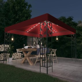 Gazebo com cordões de luzes LED 3x3 m vermelho tinto