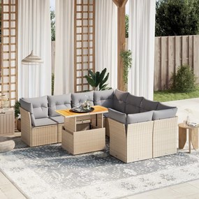 9 pcs conjunto de sofás p/ jardim com almofadões vime PE bege