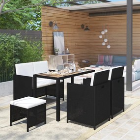 vidaXL Conj. jantar p/ jardim c/ almofadões 6 pcs vime + acácia preto