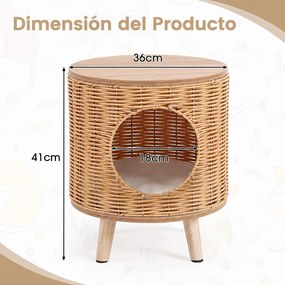 Casa para Gatos, 36 x 36 x 41 cm, Mesa de Apoio e Cama, Natural