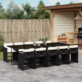 11 pcs conjunto de jantar p/ jardim c/ almofadões vime PE preto