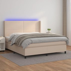 Cama box spring c/colchão/LED 160x200cm couro artif. cappuccino