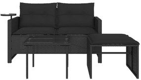 3 pcs conjunto sofás de jardim com almofadões vime PE preto