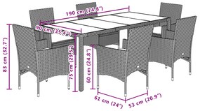 7 pcs conjunto jantar jardim c/ almofadões vime PE/acácia preto