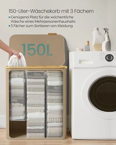 Cesto para roupa suja 150 L com tampa e 3 compartimentos 60 x 38,5 x 70,5 cm castanho-camelo