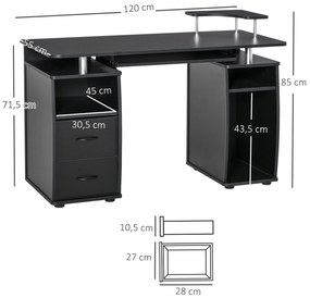 Secretária para computador Mesa para PC com prateleiras múltiplas Bandeja de teclado Suporte para CPU e 2 gavetas 120x55x85 cm Preto