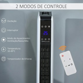 Aquecedor Cerâmico de Torre 1000/2000W com Controle Remoto Tela LED 3 Modos de Aquecimento Termostato Temporizador e Oscilação 65° para 25m² 21x21x73c