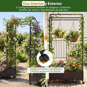 Floreira de jardim 81 x 40 x 162 cm com rega automática, com treliça e rodas bloqueáveis em rattan para plantas trepadeiras, tomates ou flores, castan