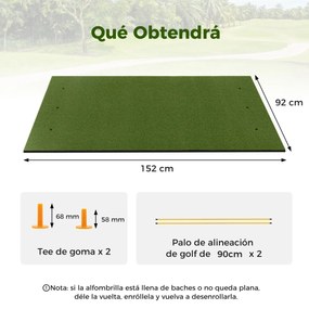 Tapete de golfe de relva sintética 3 em 1, 2 bastões de alinhamento e 3 furos 152 x 92 x 2 cm Verde