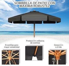 Guarda-sol de exterior com botão manual 8 hastes de madeira Tecido de poliéster branco impermeável para Pátio Praia Piscina 300 x 253 cm Cinzento