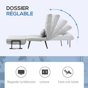 Poltrona convertível 3 em 1 em cama individual com encosto reclinável em 5 posições, braços e almofada, tecido com efeito de veludo, cinzento