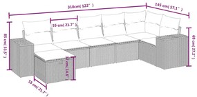 7 pcs conjunto sofás p/ jardim c/ almofadões vime PE cinzento