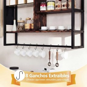 Prateleira suspensa moderna 107 x 24 x 96 cm, 6 níveis, 8 ganchos e bolso lateral para cozinha, bar ou casa – Preta e castanha