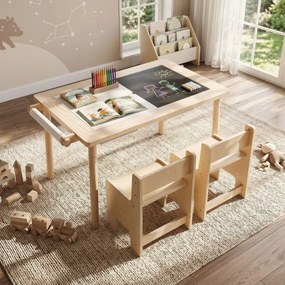Conjunto de Mesa de Atividades Infantil com 2 Cadeiras, 86 x 55 x 51 cm, Multifuncional 6 em 1, Natural