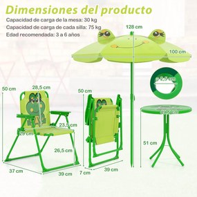 Conjunto de piquenique para Crianças 3-6 anos Mesa de atividades ao ar livre com 2 cadeiras dobráveis e guarda-sol ajustável em altura Verde claro