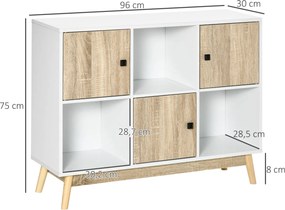Móvel de arrumação com 9 cubos, 3 portas e 3 compartimentos abertos, pés em madeira de pinho 96 x 30 x 75 cm, branco e natural