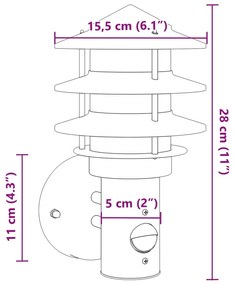 Candeeiro de parede exterior com sensor aço inoxidável prateado