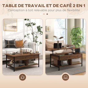 Mesa de centro  100 x 80 x 60 cm elevável com compartimento oculto, 2 prateleiras inferiores,, castanho rústico e preto