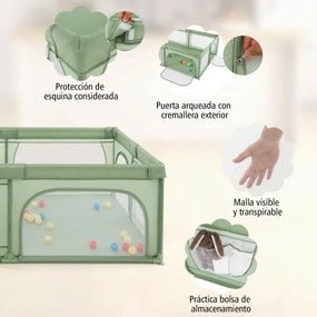 Parque infantil com tapete de jogos Centro de actividades estável não tóxico com bolas Rede respirável com fecho de correr 206 x 147 x 68,5 cm Verde