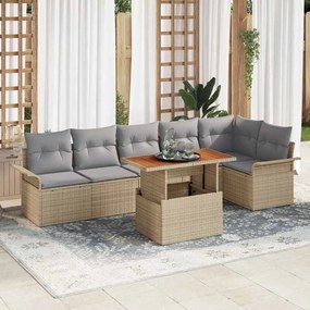 vidaXL Conjunto de Jantar de 7 peças com Almofadas Bege Rattan Acácia