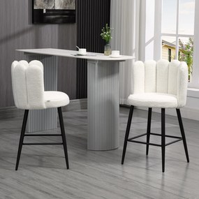 Conjunto de 2 cadeiras altas de bar com apoio para os pés, em aço e tecido com efeito de lã felpuda, altura 65 cm, creme e preto