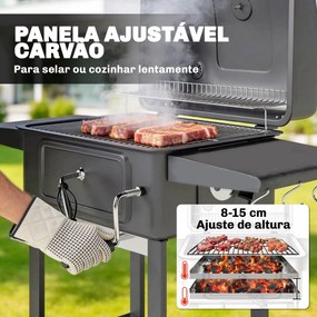 Grelhador a Carvão Portátil com Bandeja e Ventilação Ajustável Grelha Grande Prateleiras Laterais Termómetro 112x65x115 cm Preto