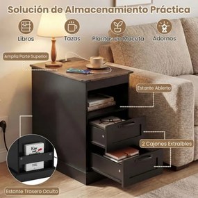 Mesa de cabeceira, mesa apoio 60 x 35,5 x 62 cm rústica com estação de carregamento com prateleira aberta e 2 gavetas para quarto e sala Preto