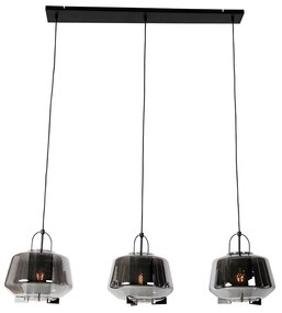 Candeeiro de suspensão preto com vidro fumê 30 cm oblongo 3 luzes - Kevin Art Deco