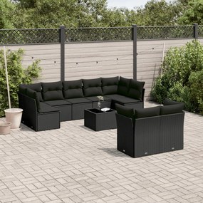10 pcs conjunto sofás de jardim c/ almofadões vime PE preto