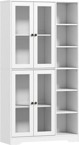 HOMCOM Armário de cozinha com portas de vidro, prateleiras, compartimentos abertos, 172 cm de altura, MDF, Branco | Aosom Portugal