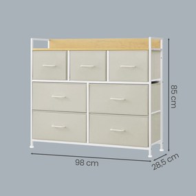 Cómoda de 7 gavetas 28,6 x 98,1 x 85,1 cm, frentes das gavetas em tecido com puxadores  creme-bege