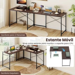 Secretária em forma de L reversível de 150 cm para computador com régua elétrica integrada Suporte para monitor/host para escritório Castanho escuro