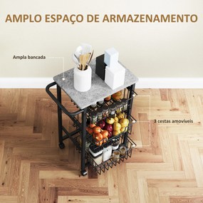 Fruteira para Cozinha Carrinho de Cozinha com 3 Cestas e Estrutura de Aço 49,5x31x69 cm Cinza Claro
