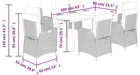 7 pcs conjunto de jantar p/ jardim c/ almofadões vime PE cinza
