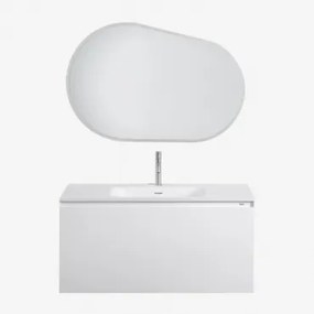 Conjunto De Móvel De Casa De Banho Suspenso Em Madeira Com Lavatório Integrado Macrae Branco & Oval Led E Anti-embaciamento 100x80 Cm Riben & Cinzento