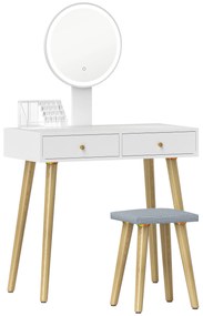 HOMCOM Tocador de Maquilhagem com Luz LED e Banco Mesa de Maquilhagem com Espelho Brilho Ajustável 3 Cores 80x43x133 cm Branco