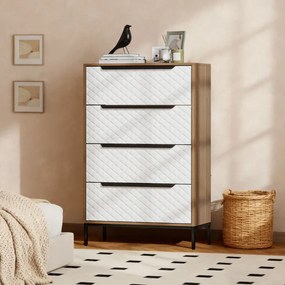 Cómoda com 4 Gavetas de Tecido Frentes com Padrão de Diamante Móvel de Arrumação 59,5,5x30x92,5 cm Madeira e Branco