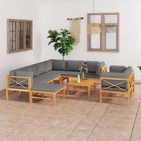 vidaXL 10 pcs conj. lounge jardim c/ almofadões cinzentos teca maciça