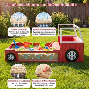 Caixa de areia infantil em madeira de abeto, em forma de camião dos bombeiros 156 x 80 x 70 cm, com banco, volante giratório, 2 assentos e tapete, , v
