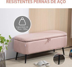 Banco de Armazenamento Estofado em Linho com Tampa Abatível e Pés de Aço Carga Máxima 150kg 101x38,5x44,5 cm Rosa