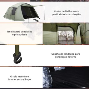 Tenda de Campismo para 4-6 Pessoas Impermeável PU2000 com Proteção UV30+ e Bolsa de Transporte 610x385x220 cm Verde