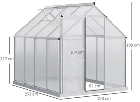 Outsunny Estufa de Jardim de Policarbonato e Alumínio Estufa de Exterior com Porta Corredeira e 2 Clarobóias para Cultivo de Plantas Sementes 190x253x199cm Transparente
