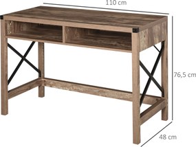 Secretária de design industrial com tampo grande, 2 compartimentos abertos metálicos pretos e painéis de aglomerado com imitação de madeira com veios