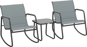 Outsunny Conjunto de Jardim de 3 Peças com 2 Cadeiras de Balanço e Mesa com Tampo de Vidro e Estrutura de Aço para Pátio, Cinza | Aosom Portugal
