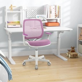 Cadeira giratória para secretária para crianças com altura ajustável, rodas com travões e apoios de braços macios, design ergonómico para 6-14 anos Pú