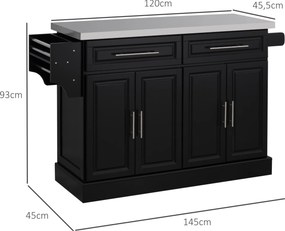 Ilha de Cozinha com Rodas Bancada de Aço Inoxidável 2 Gavetas 4 Portas e 2 Prateleiras Ajustáveis 145x45x93 cm Preto